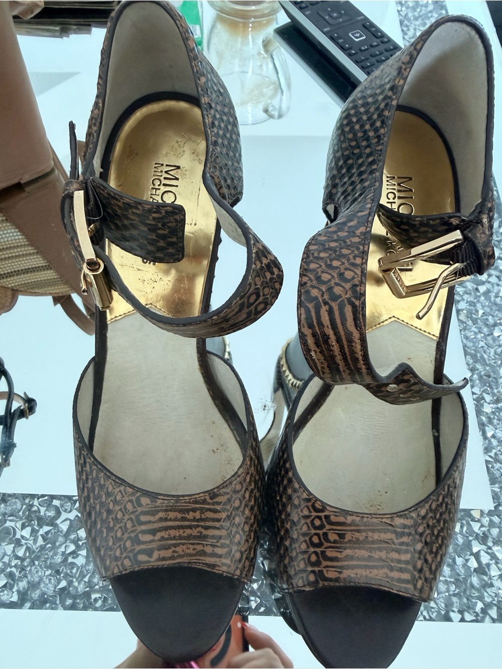 Michael Kors Brown Snake-Print Studded Wedge Sandals - Picture 3 of 4